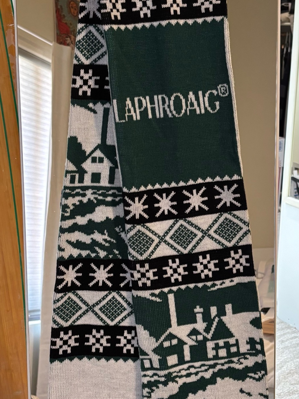 Green and White Knit Scarf by Laphroaig Whiskey Scotland 76”
